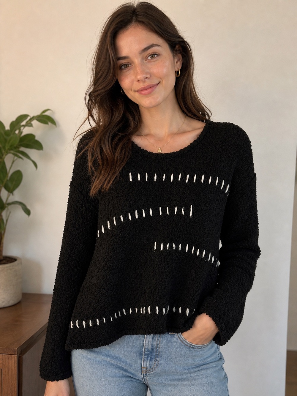 POL Black and White Textured Crew Neck Sweater